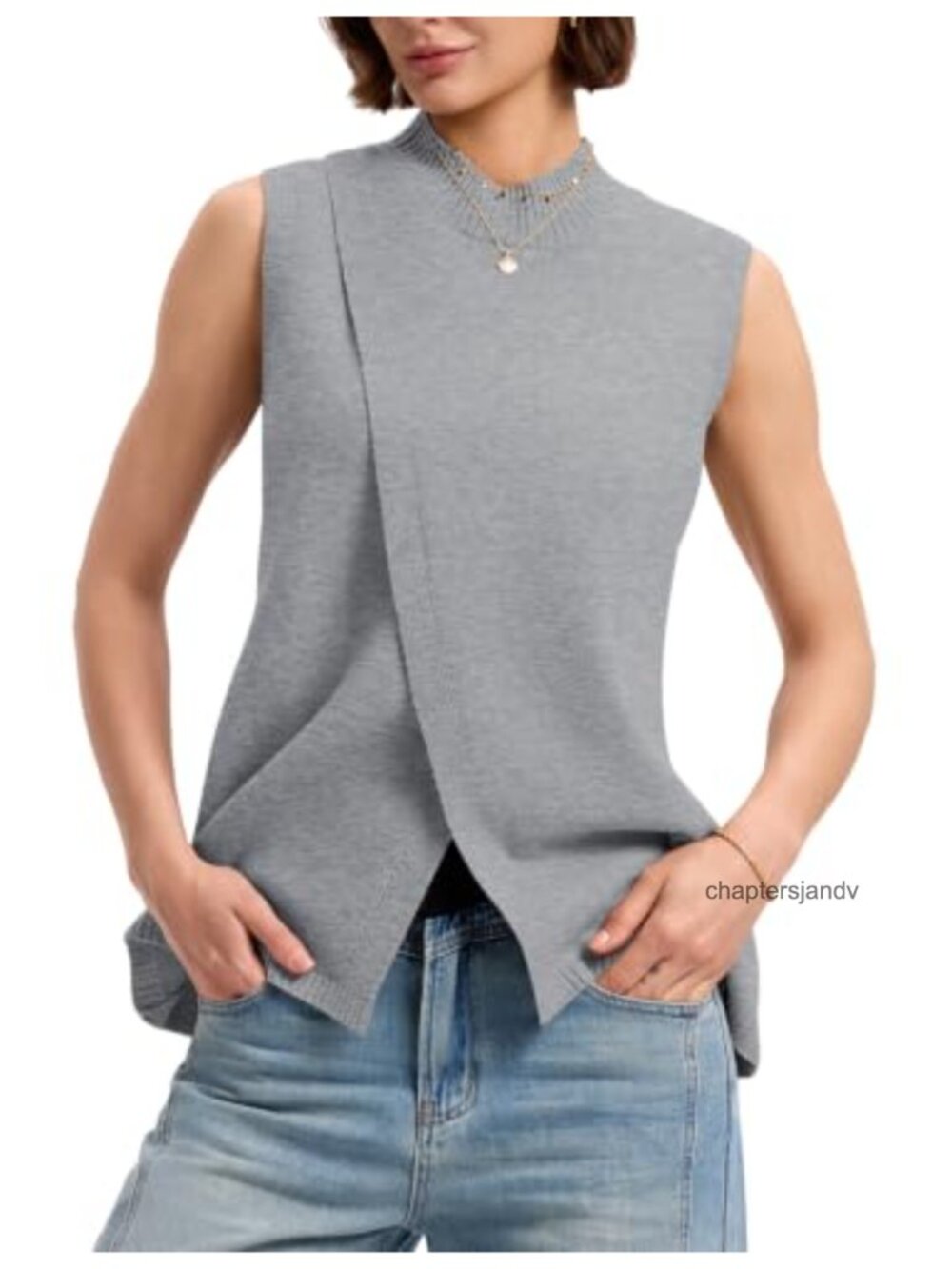 Mock Neck Sweater Vest Slim Fit Side Split Sleeveless Pullover Woolen Knit